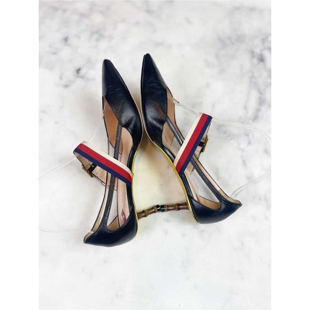 Gucci Unia Sylvie Web Strap Pumps Black Bamboo Kitten Heel 37.5 / 7.5 - Picture 7 of 11